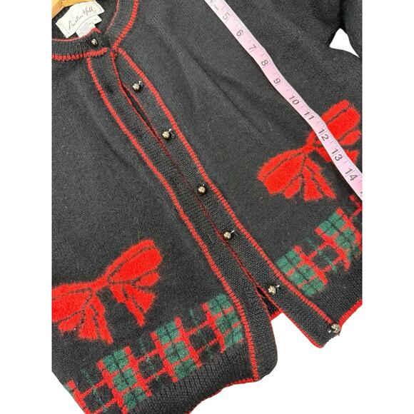 Austin Hill 100% Wool Button Front Cardigan Black Red Holiday Bows Sweater M - Picture 6 of 8